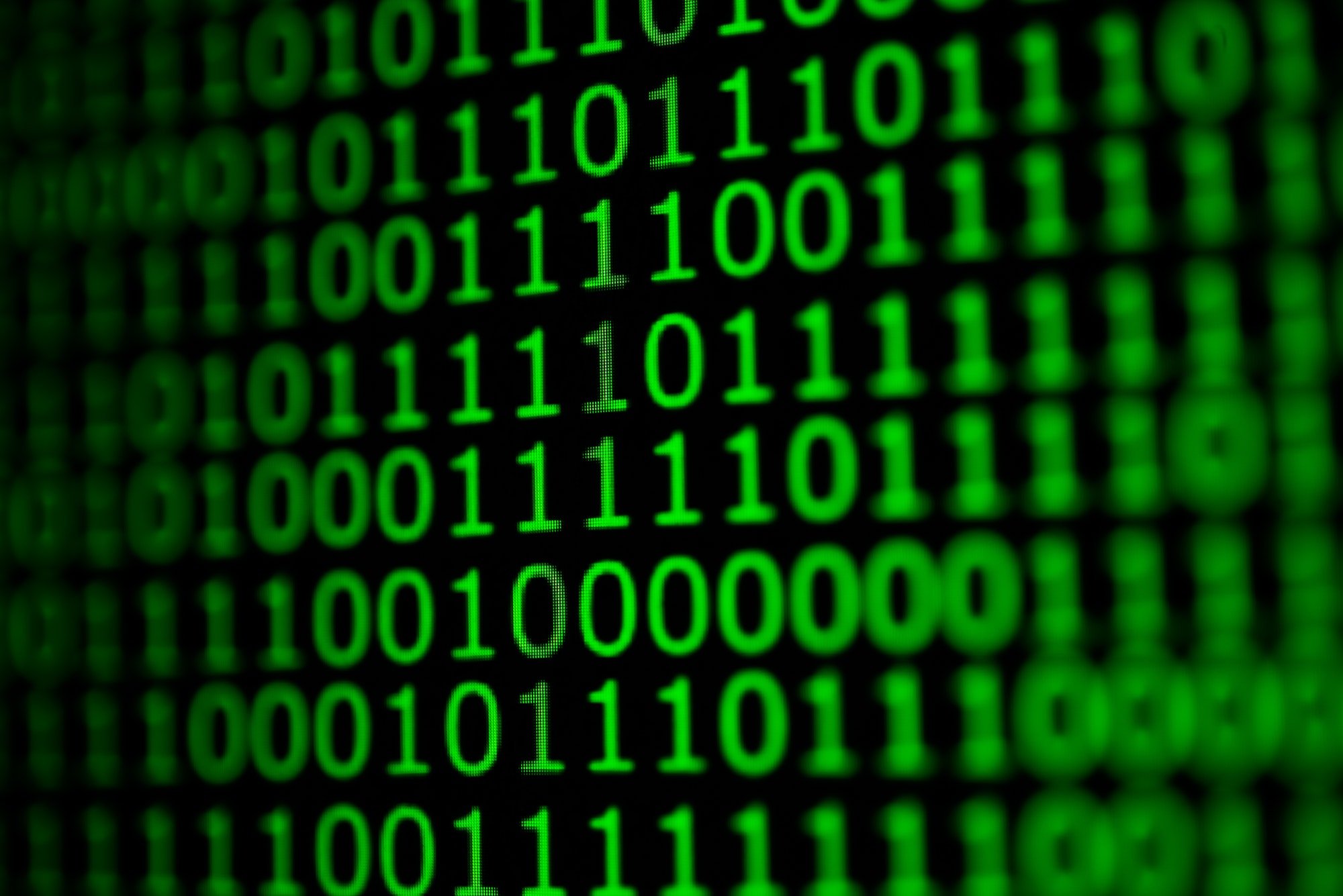 Numerical continuous code in green color, abstract web data in binary code.